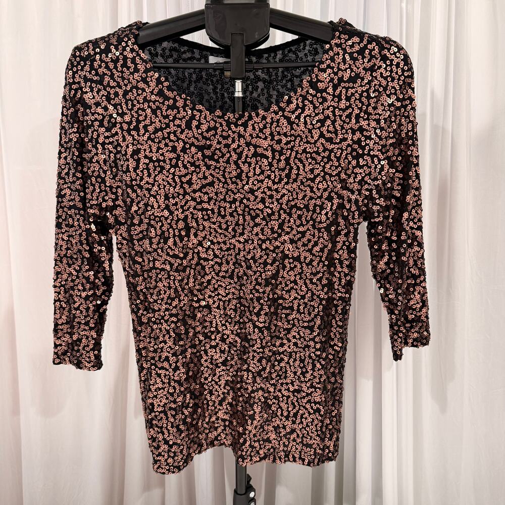 Calvin Klein Women's Large Rose Gold Sequin Black 3/4 Sleeve Party Top Blouse